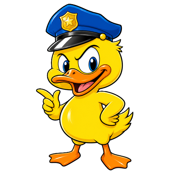 Gele politieducky met een blauwe politiepet met gouden ster, open oranje snavel, een wijzende hand en een hand op de heup.