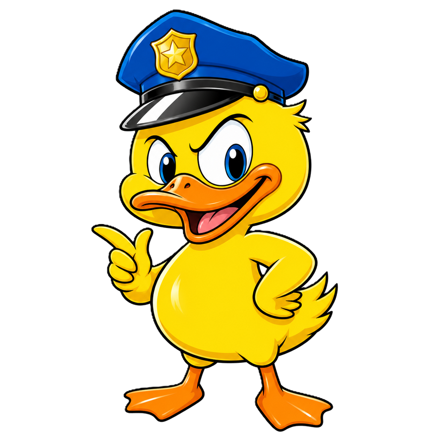 Gele politieducky met een blauwe politiepet met gouden ster, open oranje snavel, een wijzende hand en een hand op de heup.
