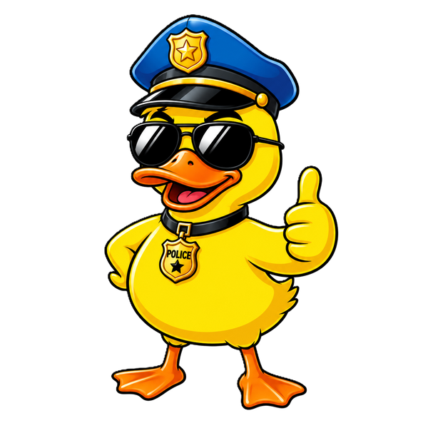 Gele politieducky met een blauwe politiepet, zwarte zonnebril, gouden POLICE-badge aan een zwarte halsband en een duim omhoog.