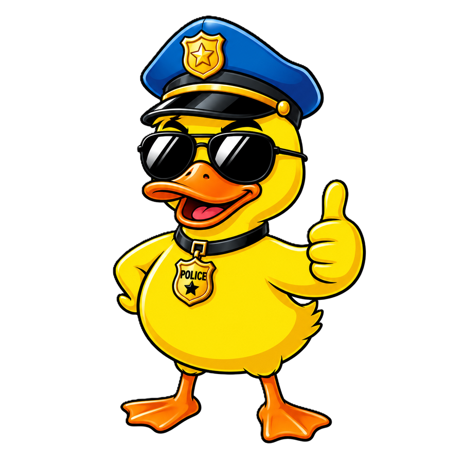Gele politieducky met een blauwe politiepet, zwarte zonnebril, gouden POLICE-badge aan een zwarte halsband en een duim omhoog.