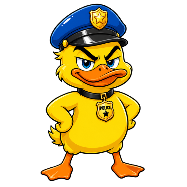 Staande gele politieducky met blauwe ogen, een blauwe politiepet, gouden POLICE-badge en beide handen op de heupen.