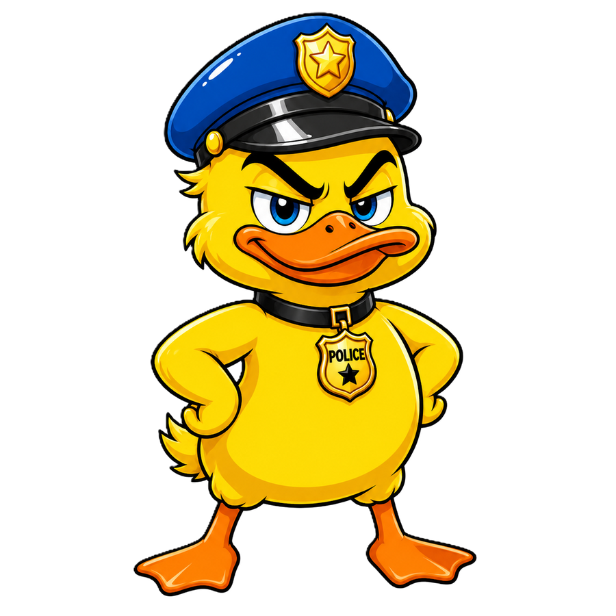 Staande gele politieducky met blauwe ogen, een blauwe politiepet, gouden POLICE-badge en beide handen op de heupen.
