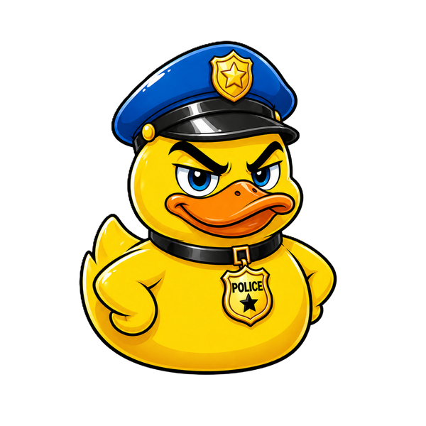 Gele badducky met blauwe ogen, opgetrokken wenkbrauwen, een blauwe politiepet en een gouden POLICE-badge aan een zwarte halsband.