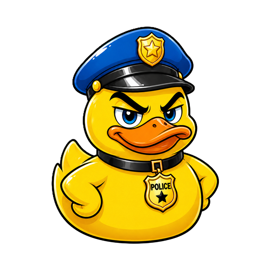 Gele badducky met blauwe ogen, opgetrokken wenkbrauwen, een blauwe politiepet en een gouden POLICE-badge aan een zwarte halsband.