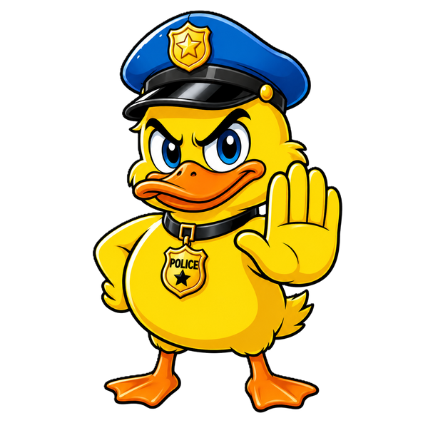 Staande gele politieducky met een blauwe politiepet, gouden POLICE-badge en een open hand naar voren als stopgebaar.
