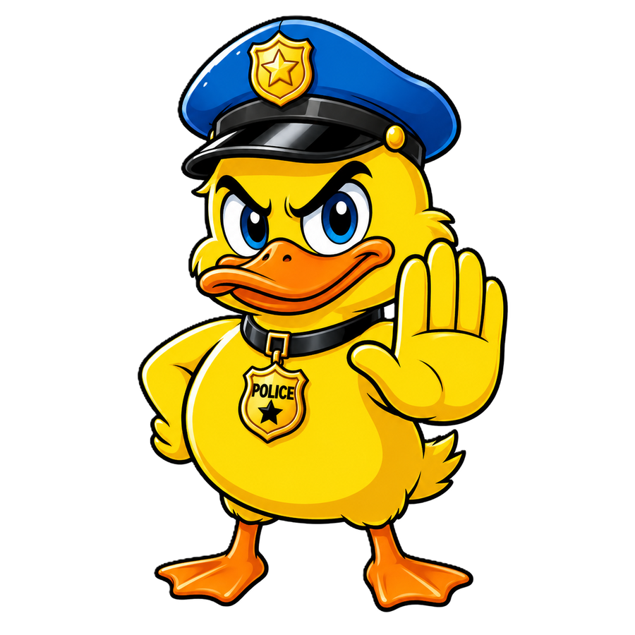 Staande gele politieducky met een blauwe politiepet, gouden POLICE-badge en een open hand naar voren als stopgebaar.