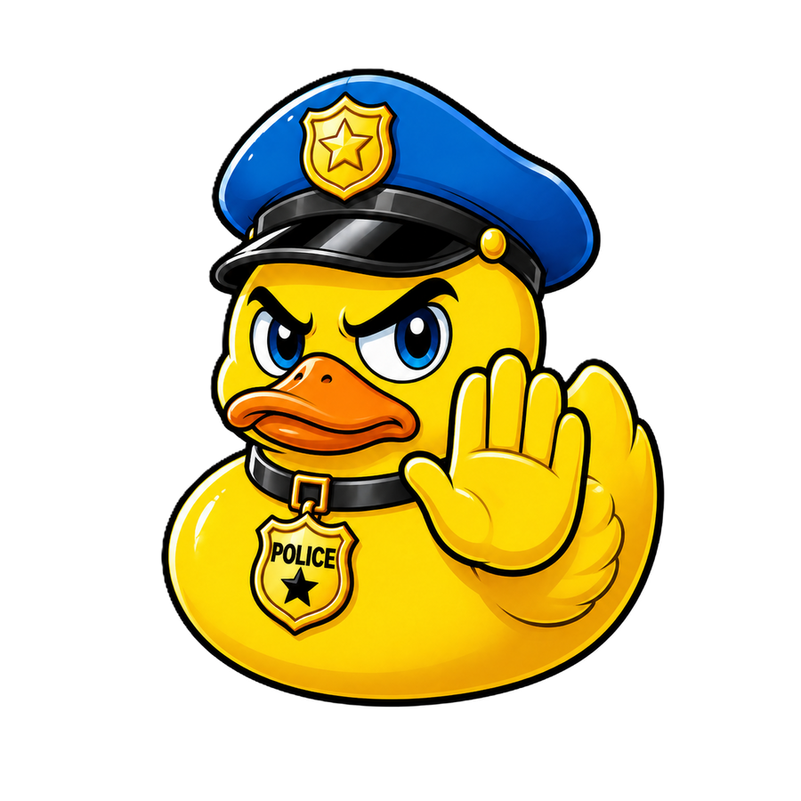 Gele badducky met blauwe ogen, een blauwe politiepet, gouden POLICE-badge en een opgeheven open hand als stopgebaar.