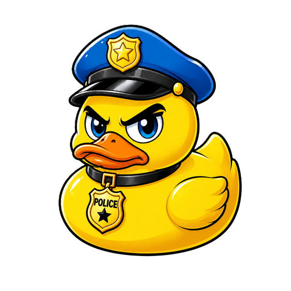 Gele badducky met een strenge blik, blauwe ogen, een blauwe politiepet, oranje snavel en gouden POLICE-badge aan een zwarte halsband.