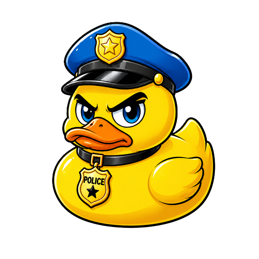 Gele badducky met een strenge blik, blauwe ogen, een blauwe politiepet, oranje snavel en gouden POLICE-badge aan een zwarte halsband.