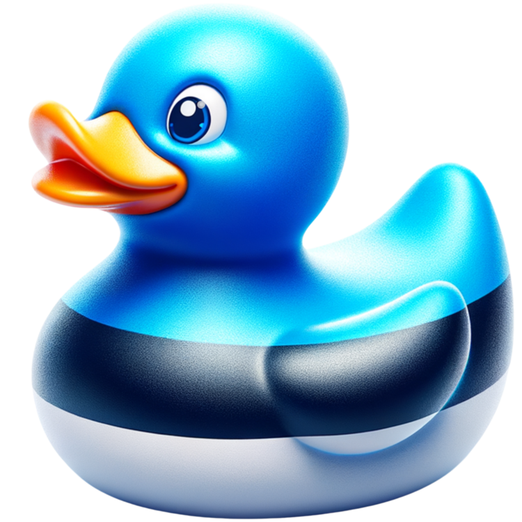 Ducky in de blauw-zwart-witte kleuren van Estland, met een blauwe kop en een open oranje snavel.