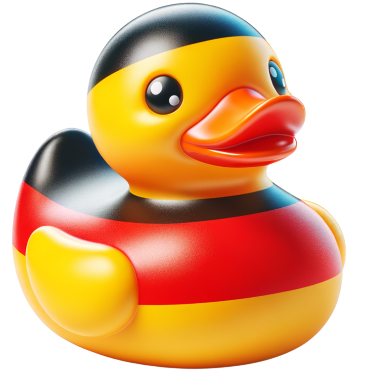 Ducky met een gele kop, oranje snavel en zwarte, rode en gele banen over het lijf.