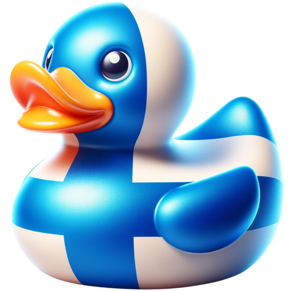 Witte ducky met een blauw kruis over de kop en het lijf, een blauwe vleugel en een oranje snavel.