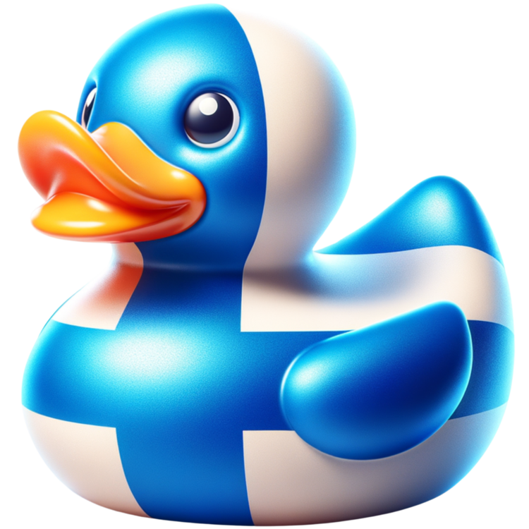 Witte ducky met een blauw kruis over de kop en het lijf, een blauwe vleugel en een oranje snavel.