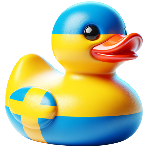 Blauw-gele ducky met een geel kruis op de blauwe vleugel en een open oranje snavel.