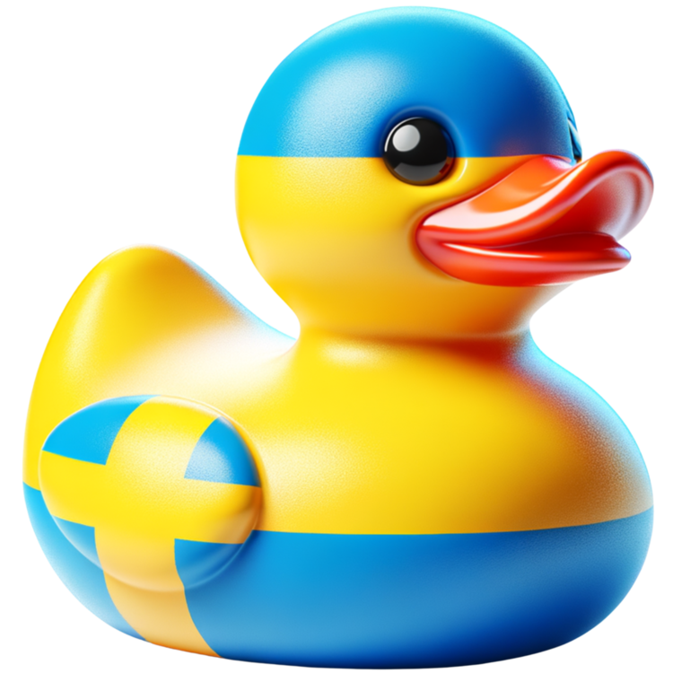 Blauw-gele ducky met een geel kruis op de blauwe vleugel en een open oranje snavel.