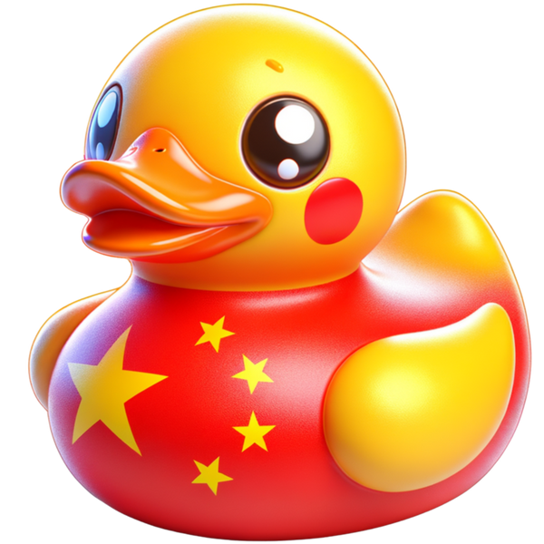 Ducky met een gele kop en vleugels, rode wangen en vijf gele sterren op een rood lijf.
