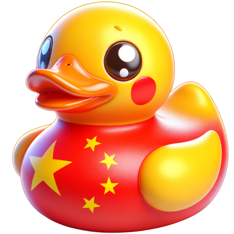 Ducky met een gele kop en vleugels, rode wangen en vijf gele sterren op een rood lijf.