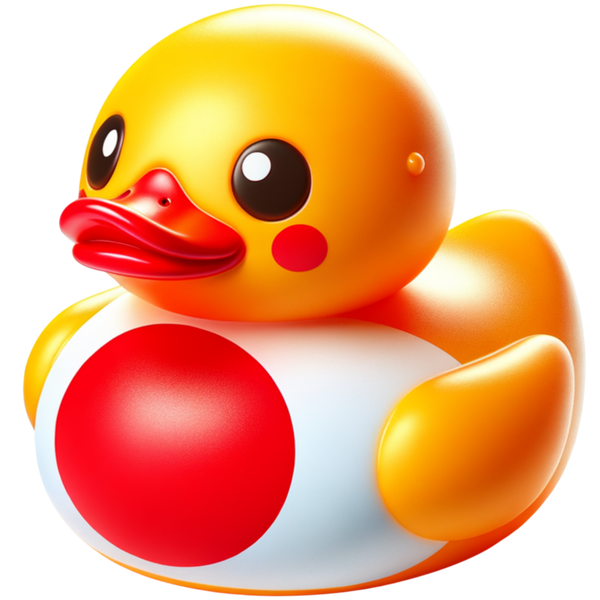 Gele ducky met rode wangen en snavel, en een grote rode cirkel op de witte borst.