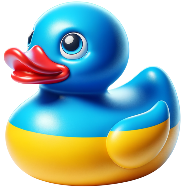 Blauw-gele ducky met een blauwe kop en bovenlijf, gele buik en een rode snavel.