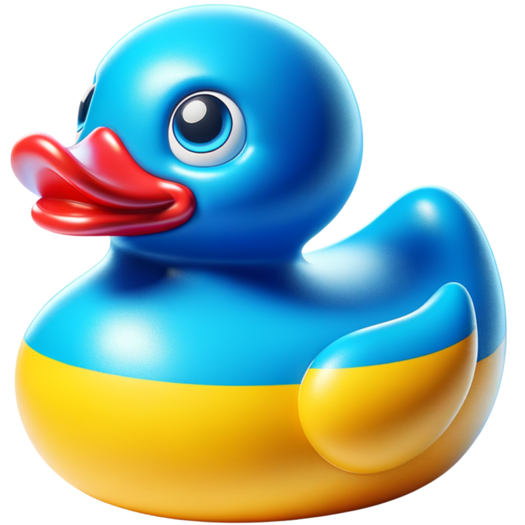 Blauw-gele ducky met een blauwe kop en bovenlijf, gele buik en een rode snavel.