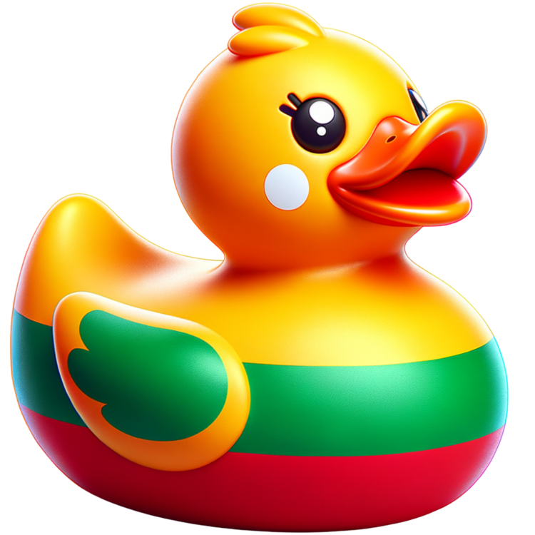 Ducky met een gele kop, groene band en rode onderkant, een groen hart op de vleugel en een witte wang.