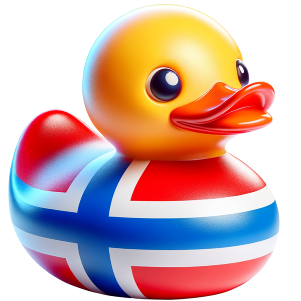 Ducky met een gele kop en oranje snavel, en een rood lijf met een blauw kruis met witte randen.