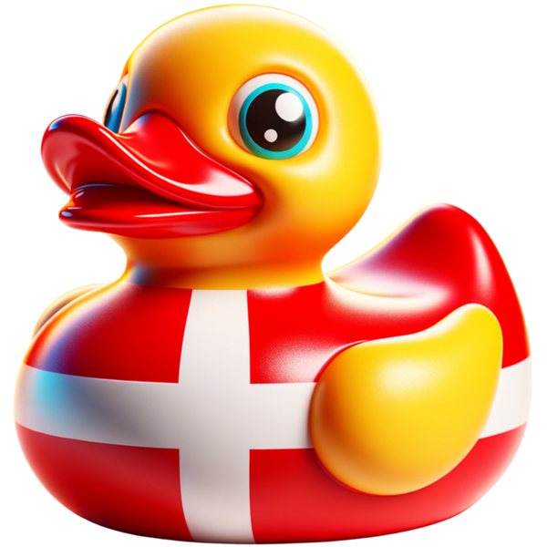 Gele ducky met een rode snavel en een rood lijf met een wit kruis.