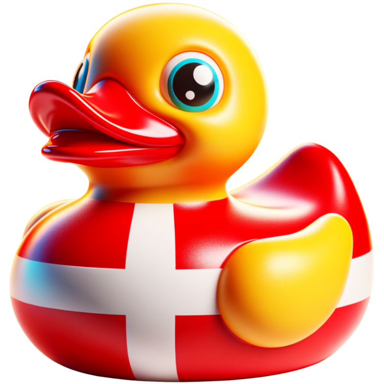 Gele ducky met een rode snavel en een rood lijf met een wit kruis.