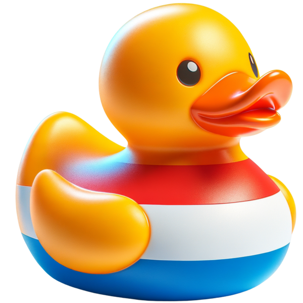 Gele ducky met een oranje snavel en rode, witte en blauwe horizontale banen over het lijf.