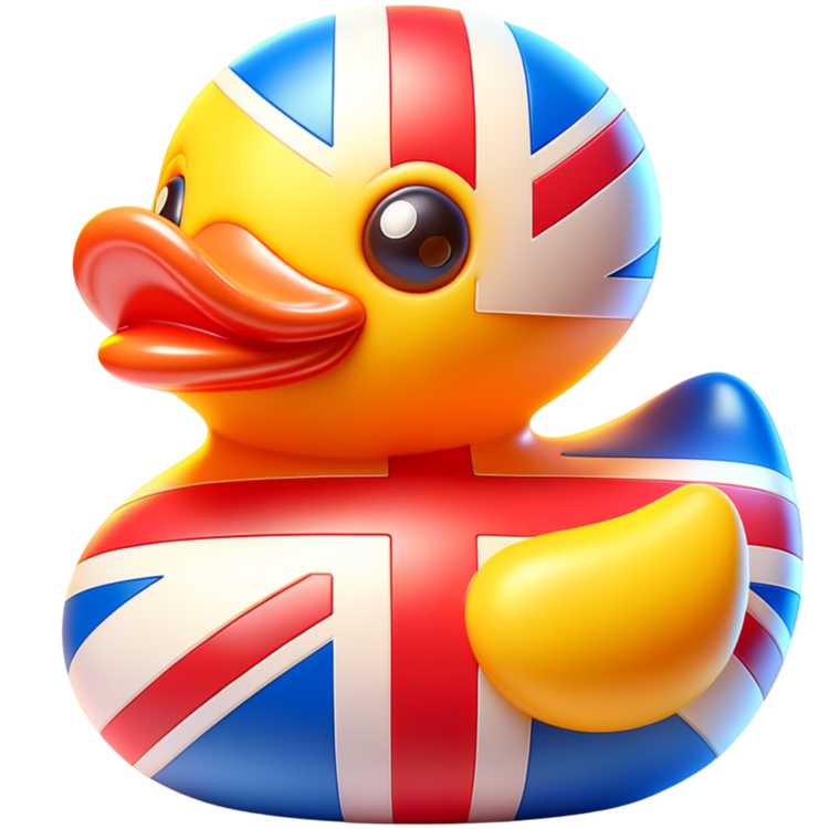 Gele ducky met een oranje snavel en een rood-wit-blauw Union Jack-patroon over de kop en het lijf.