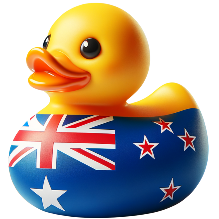 Gele ducky met een oranje snavel en een donkerblauw lijf met een Union Jack, vier rode sterren met witte randen en een witte ster.