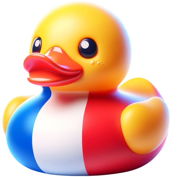 Gele ducky met een oranje snavel en blauwe, witte en rode verticale banen over het lijf.