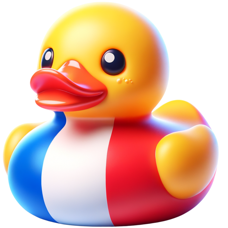 Gele ducky met een oranje snavel en blauwe, witte en rode verticale banen over het lijf.