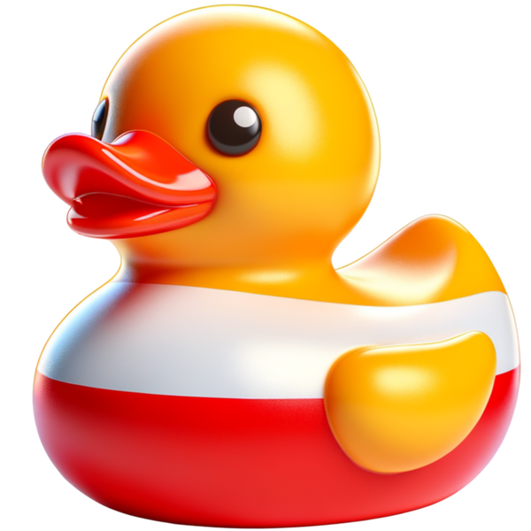 Gele ducky met een oranje snavel, een witte band over het bovenlijf en een rode onderkant.