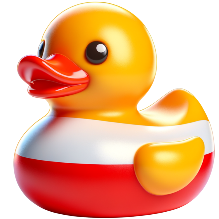 Gele ducky met een oranje snavel, een witte band over het bovenlijf en een rode onderkant.
