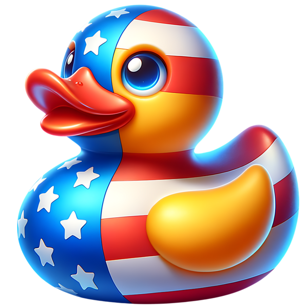Ducky met een gele kop en vleugel, oranje snavel, rode en witte strepen en witte sterren op blauwe vlakken.