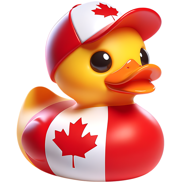 Gele ducky met een oranje snavel, een rood-wit lijf met een rood esdoornblad en een rood-witte pet met hetzelfde blad.