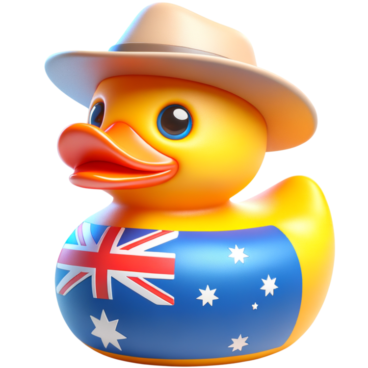 Gele ducky met een beige hoed, oranje snavel en de blauwe Australische vlag met Union Jack en witte sterren op het lijf.