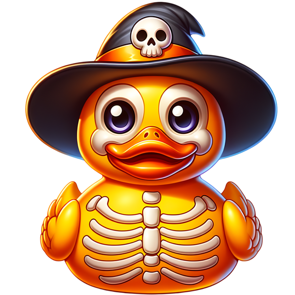 Oranje ducky met witte skeletbotten, paarse ogen en een zwarte heksenhoed met doodshoofd.