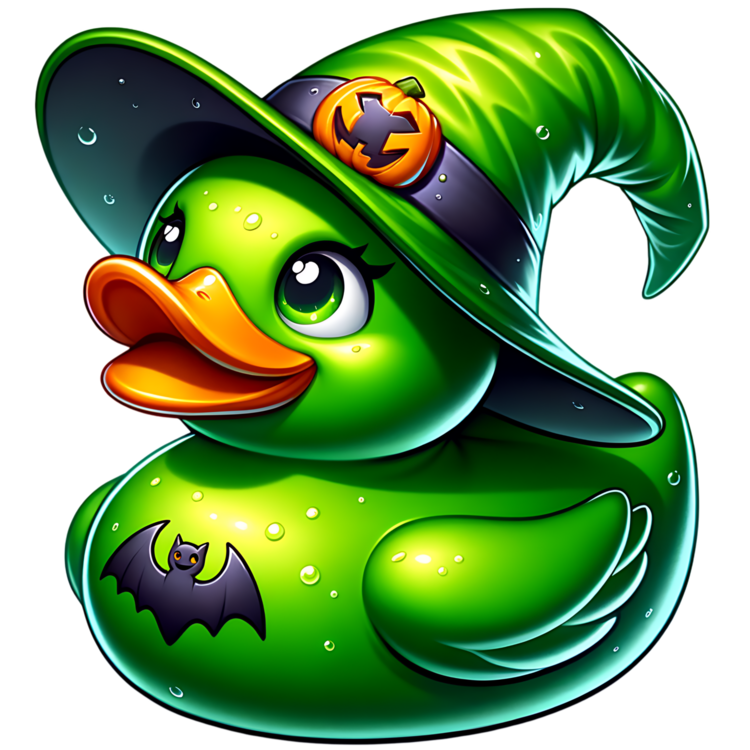 Groene ducky met oranje snavel, een groene heksenhoed met pompoen en een zwarte vleermuis op de borst.