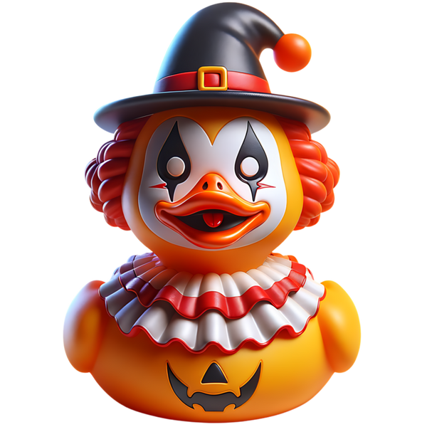 Oranje clownducky met wit gezicht, zwarte oogmake-up, rode krullen, een rood-witte kraag en een zwarte puntmuts.