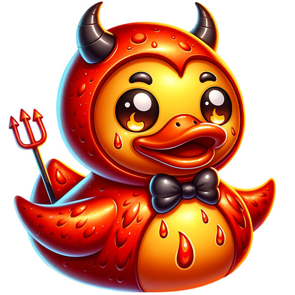 Rood-oranje duivelsducky met donkere hoorns, zwarte vlinderdas, drietand en vlamvormige details in de ogen.