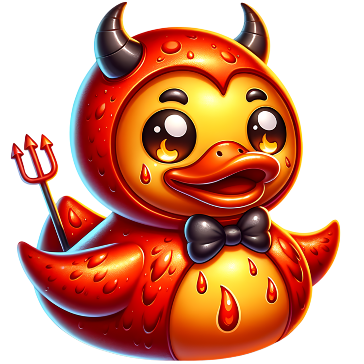 Rood-oranje duivelsducky met donkere hoorns, zwarte vlinderdas, drietand en vlamvormige details in de ogen.
