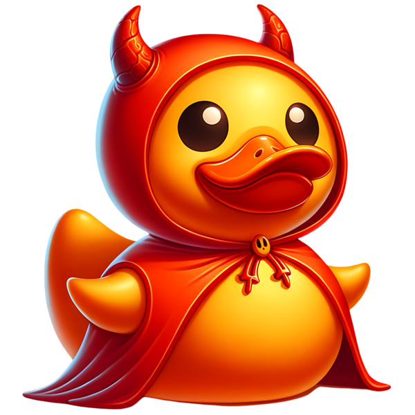 Gele ducky in een rode cape met capuchon, twee rode hoorns en een sluiting met doodshoofd bij de hals.