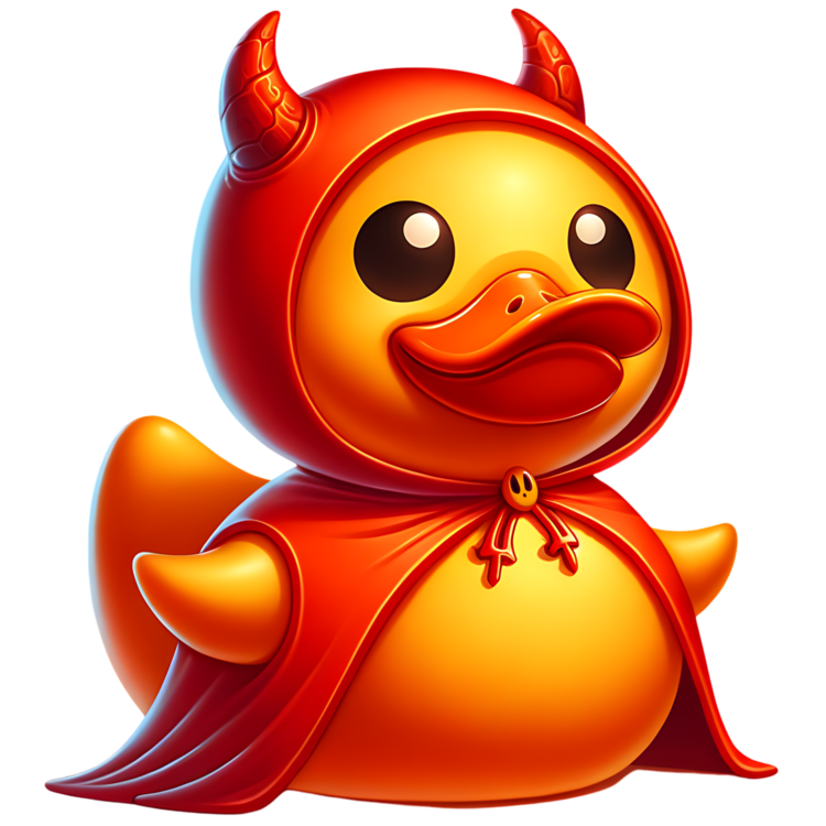 Gele ducky in een rode cape met capuchon, twee rode hoorns en een sluiting met doodshoofd bij de hals.