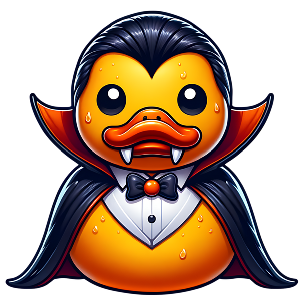 Geel-oranje vampierducky met zwarte haren, witte hoektanden, vlinderdas en een donkere cape met rode hoge kraag.