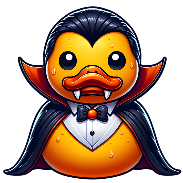 Geel-oranje vampierducky met zwarte haren, witte hoektanden, vlinderdas en een donkere cape met rode hoge kraag.