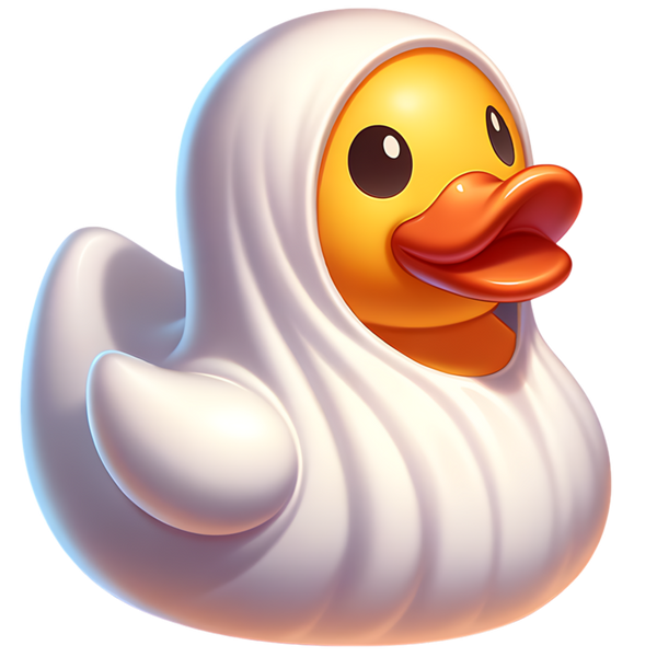Gele ducky met open oranje snavel in een wit spookgewaad dat over de kop en het lijf valt.