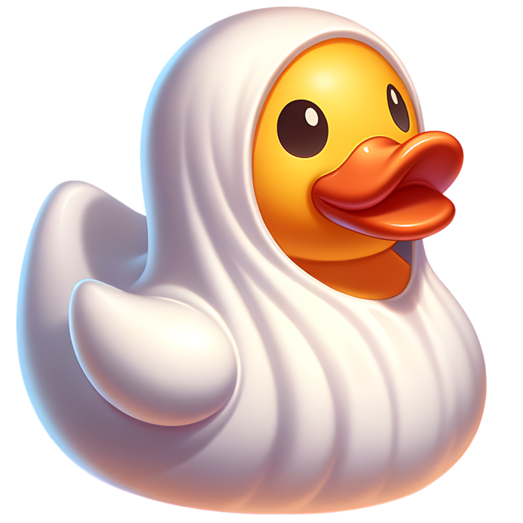 Gele ducky met open oranje snavel in een wit spookgewaad dat over de kop en het lijf valt.