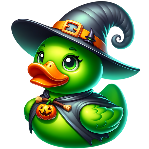 Groene heksenducky met gekrulde donkere puntmuts, oranje hoedband, cape, kleine bezem en een pompoenhanger.